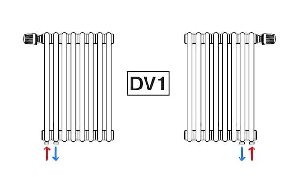 Схема DV1: нижние присоединения на одной стороне и встроенный клапан