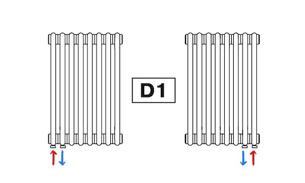 Нижнее подключение D1 радиаторов Tubog 4 секции (схема)