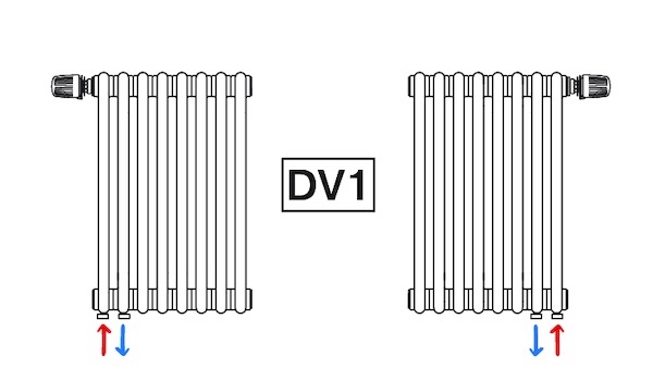 Нижнее подключение DV1 радиаторов Tubog 4 секции (схема)